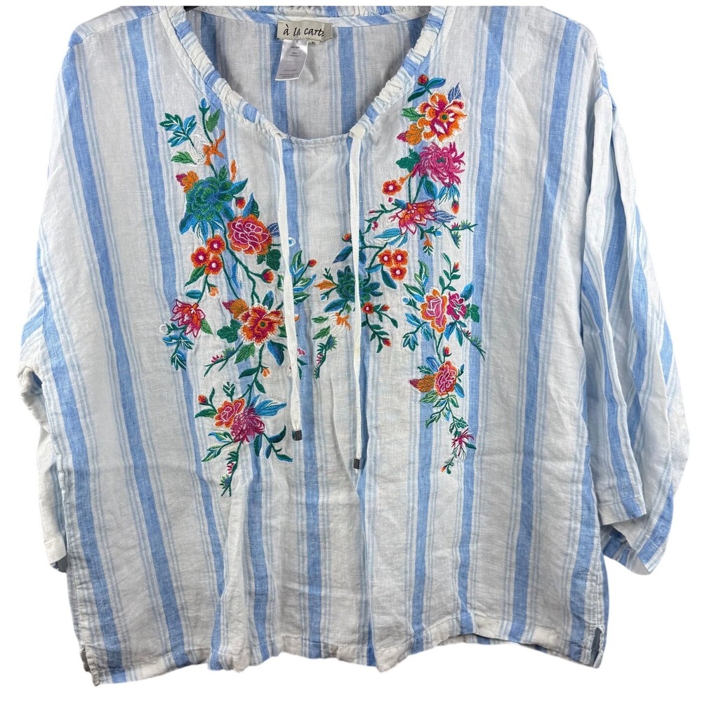 Women top Striped Linen Floral Embroidered XL spot cottagecore ‎ grannycore boho